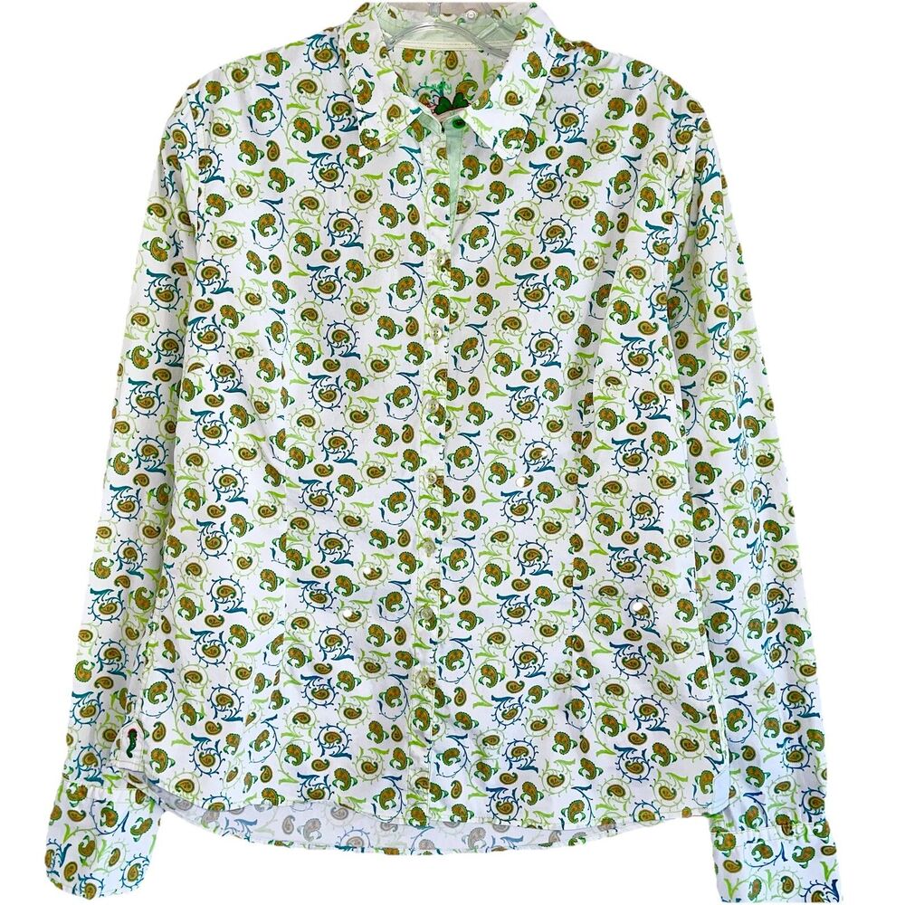 Lucky De Luca Button Up Long Sleeve Shirt Paisly Print Green White Women Size L
